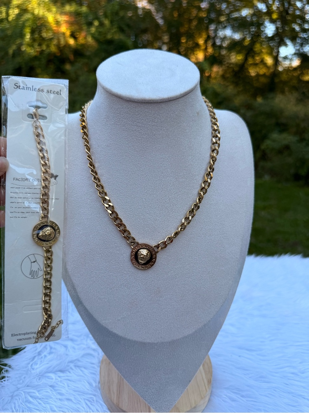 Gold Medallion Chain Necklace and Bracelet Set - Women Jewelry